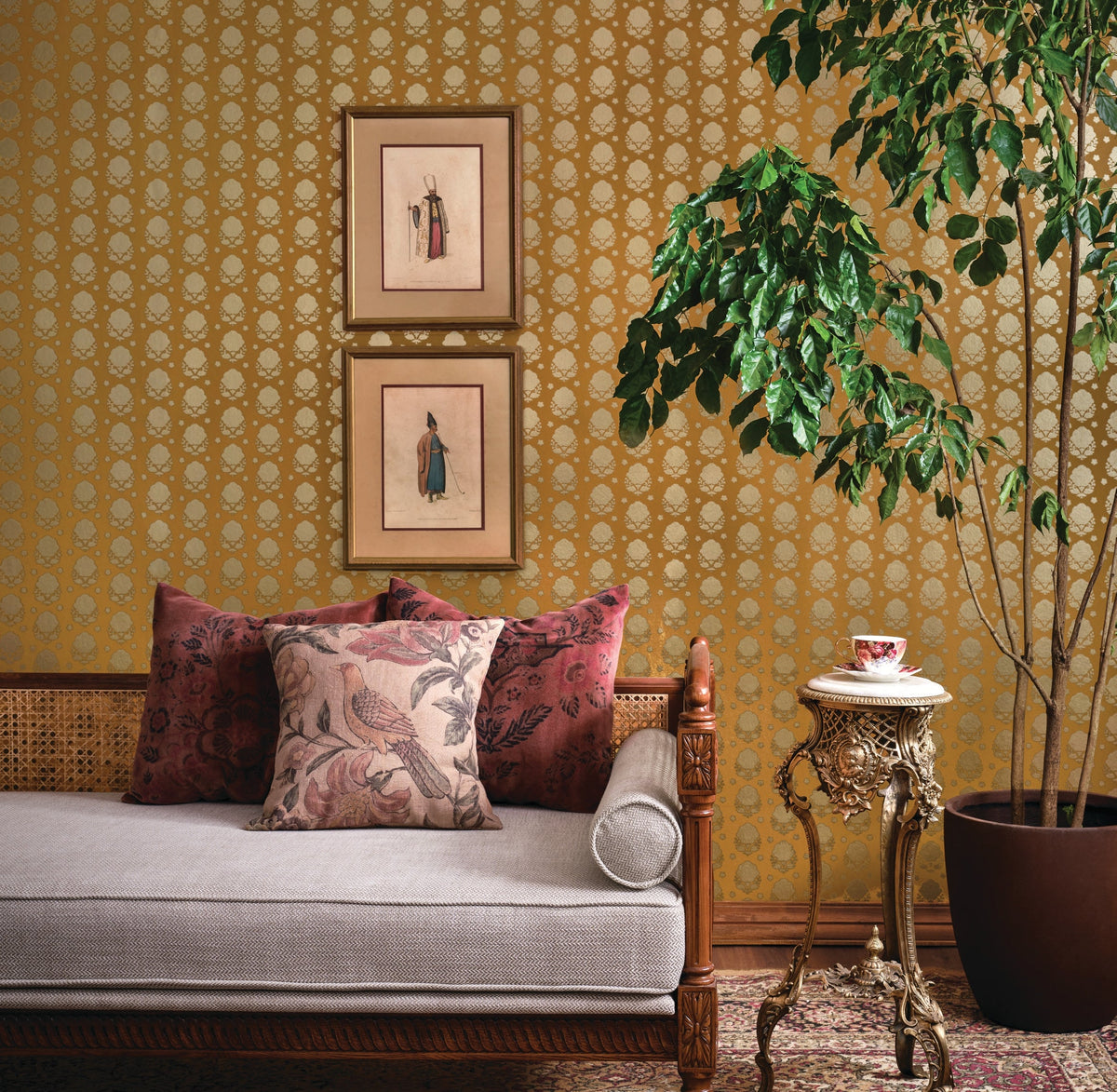 Sabyasachi Poppy Gilt wallpaper styled in a room, VRSA