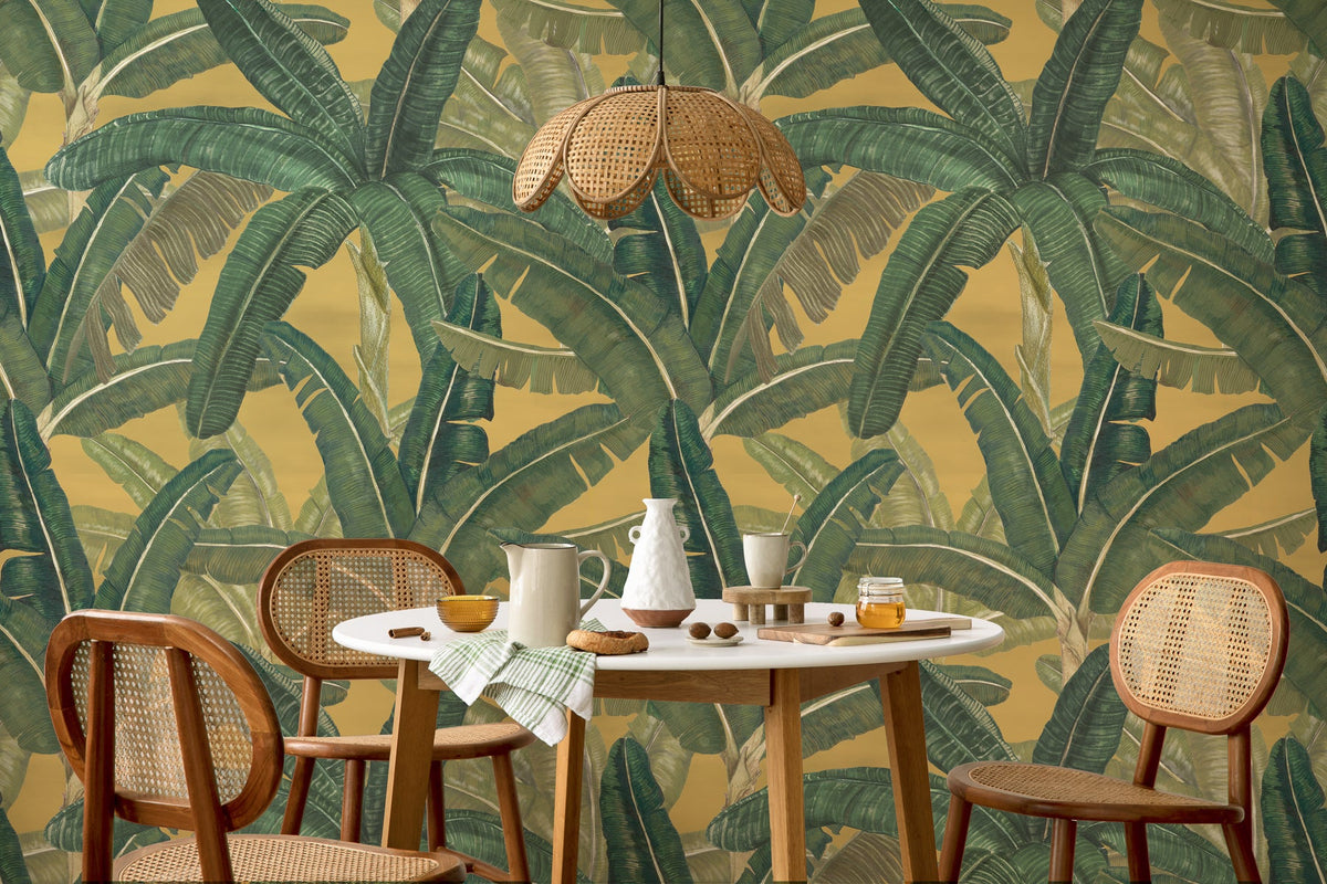 Banana Garden wallpaper by Tilla for Nilaya styled in a room, VRSA