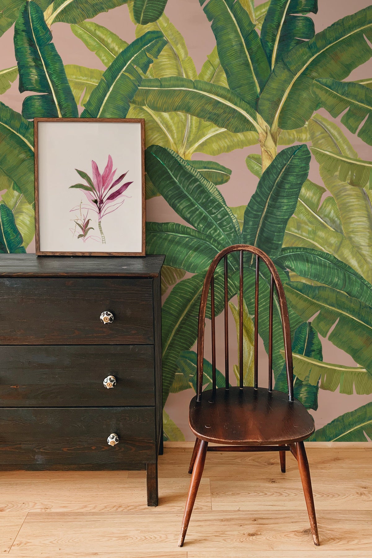 Banana Garden wallpaper by Tilla for Nilaya styled in a room, VRSA