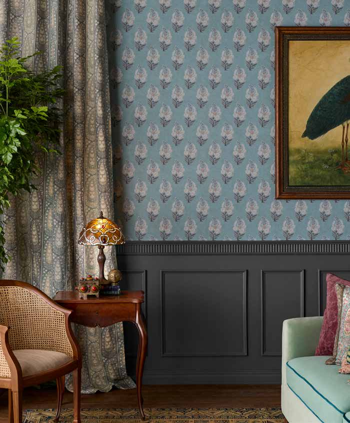 Sabyasachi Ranthambore wallpaper from A Masterful Revival styled in a room, VRSA