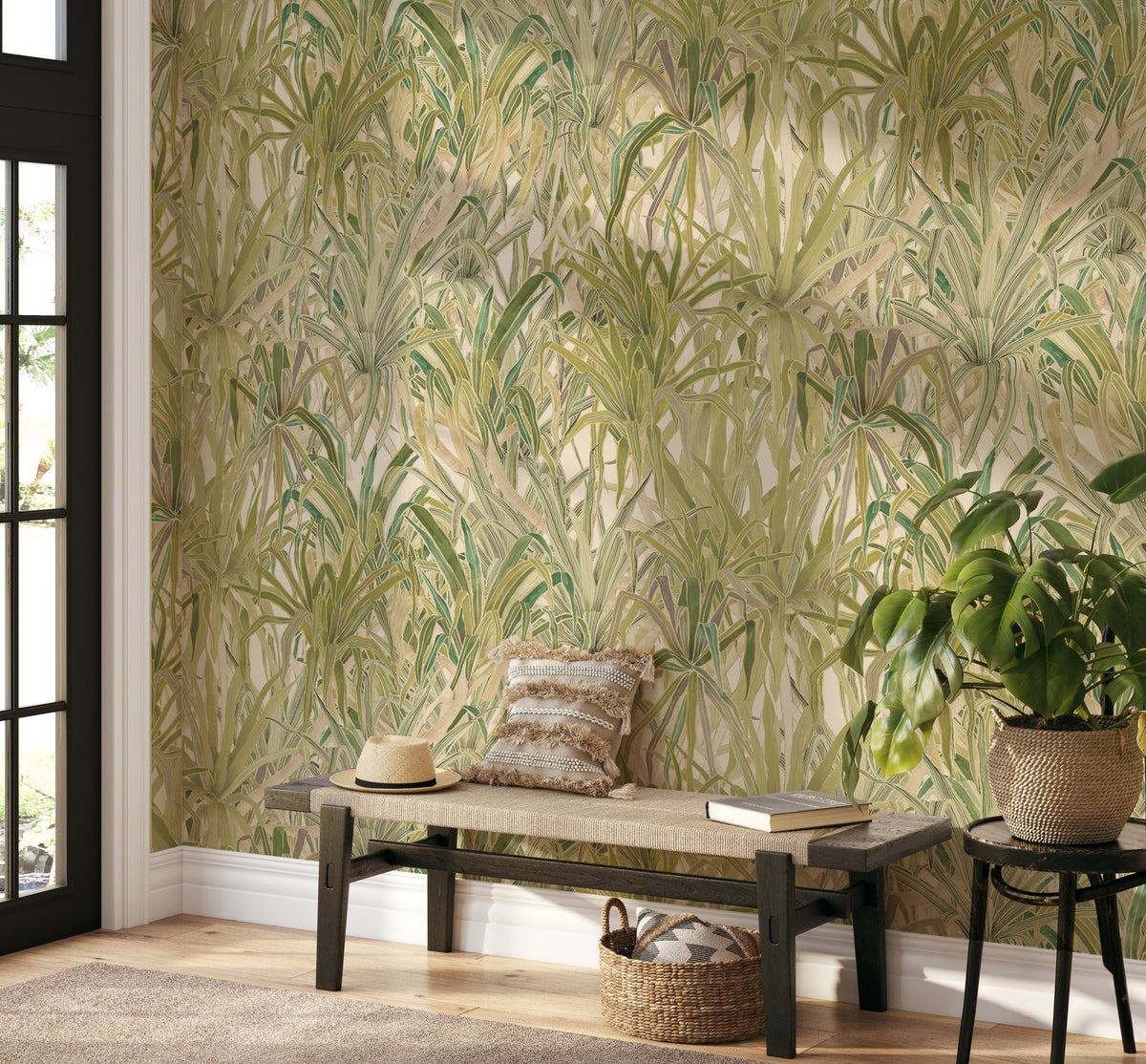 Tangled Up in Green wallpaper by Tilla for Nilaya styled in a room, VRSA