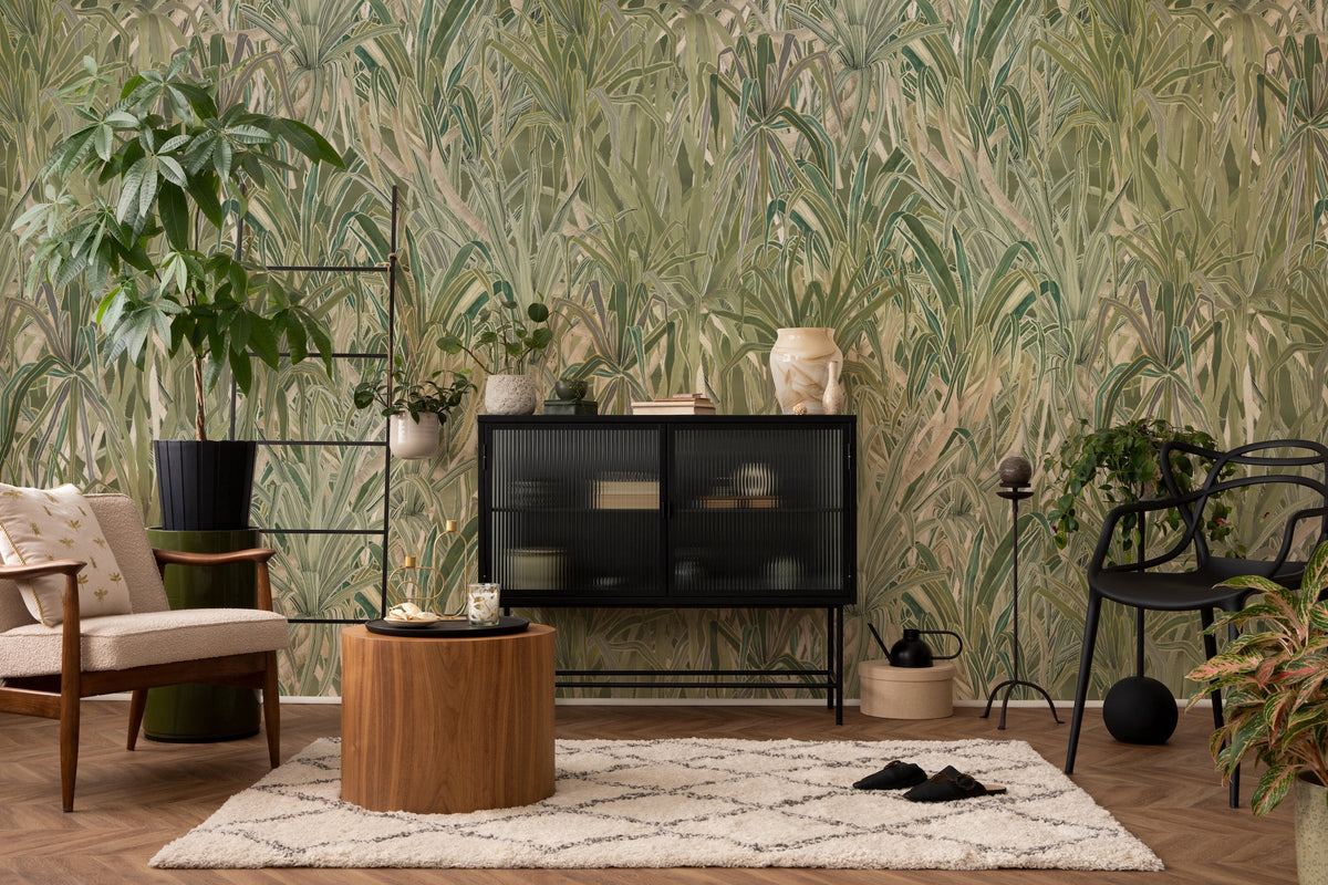 Tangled Up in Green wallpaper by Tilla for Nilaya styled in a room, VRSA
