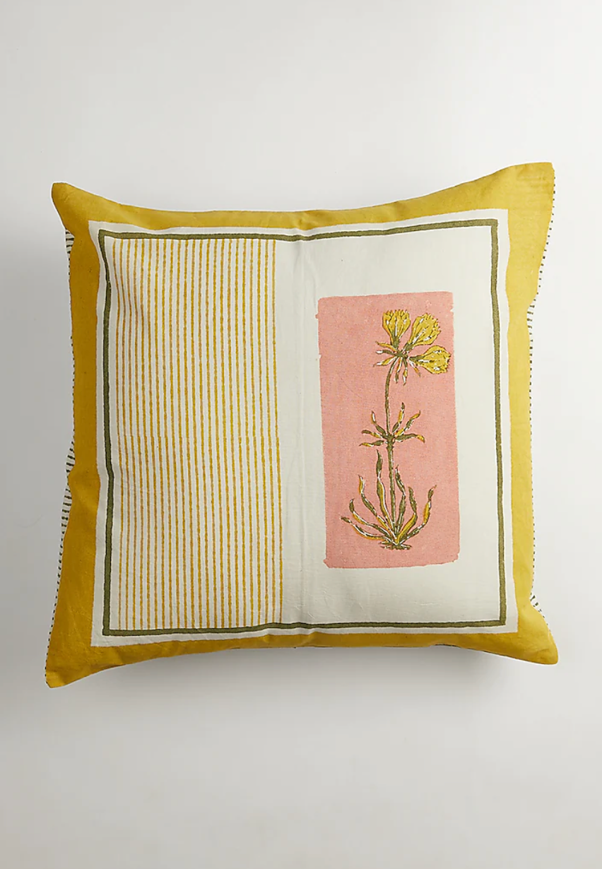 Yellow & White Floral Block Printed Cushion Covers (Set of 2)